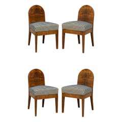 Vintage Set of 4 Austrian Burl Wood Spoon Back Stripe Upholstered Side Chairs