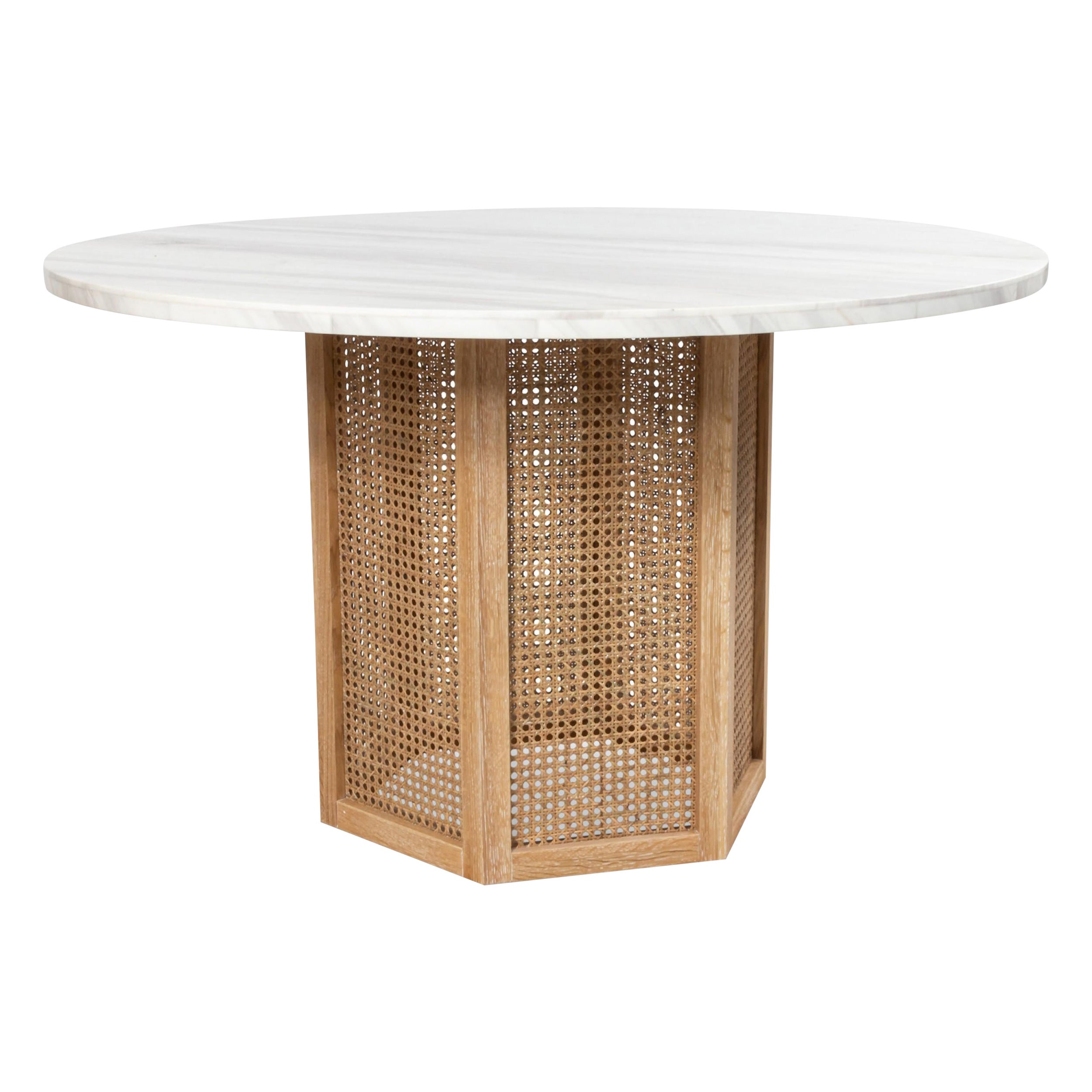 Wicker and White Marble Round Center Tables For Sale