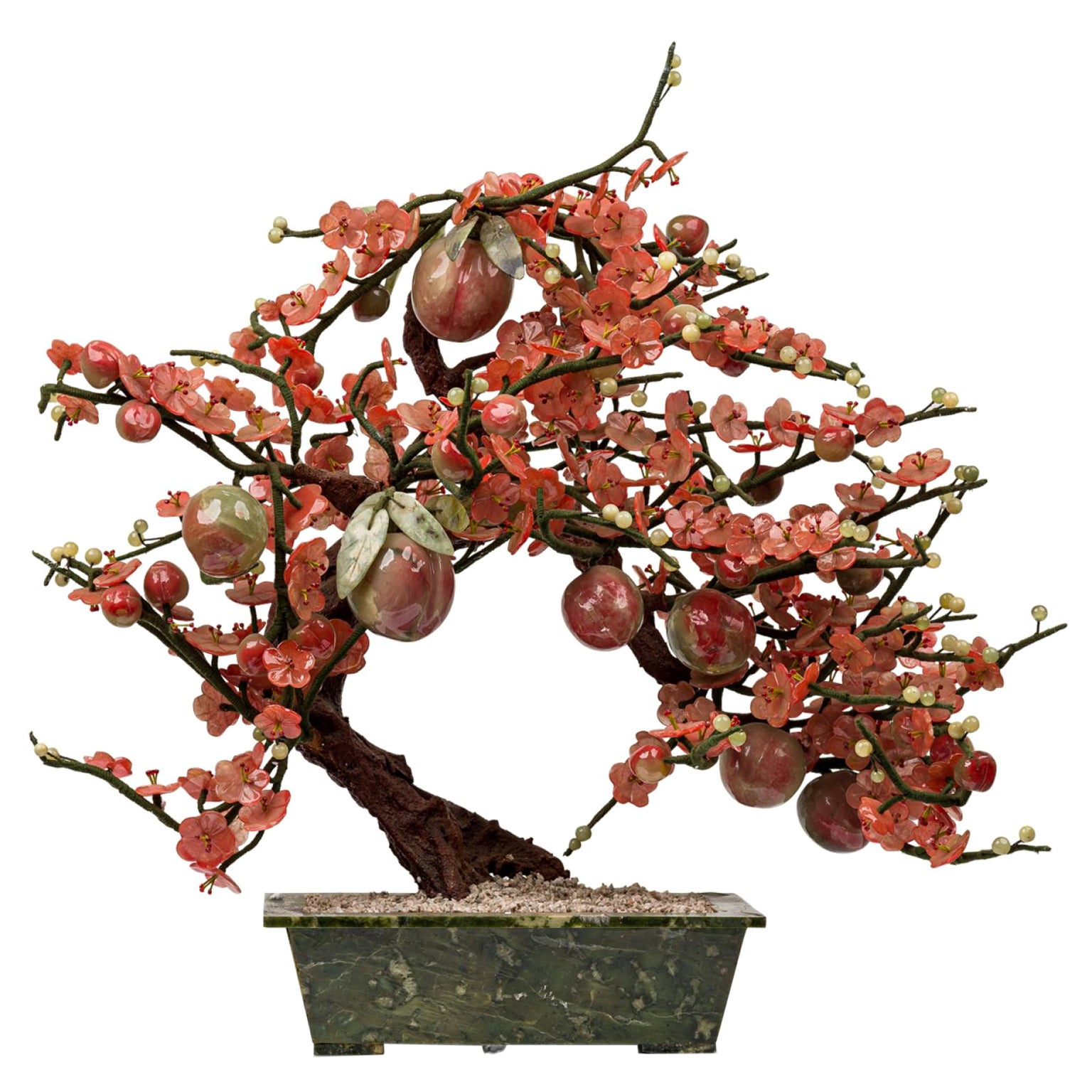 Chinese Glass Cherry Blossom Sculpture Potted in a Green Planter For Sale