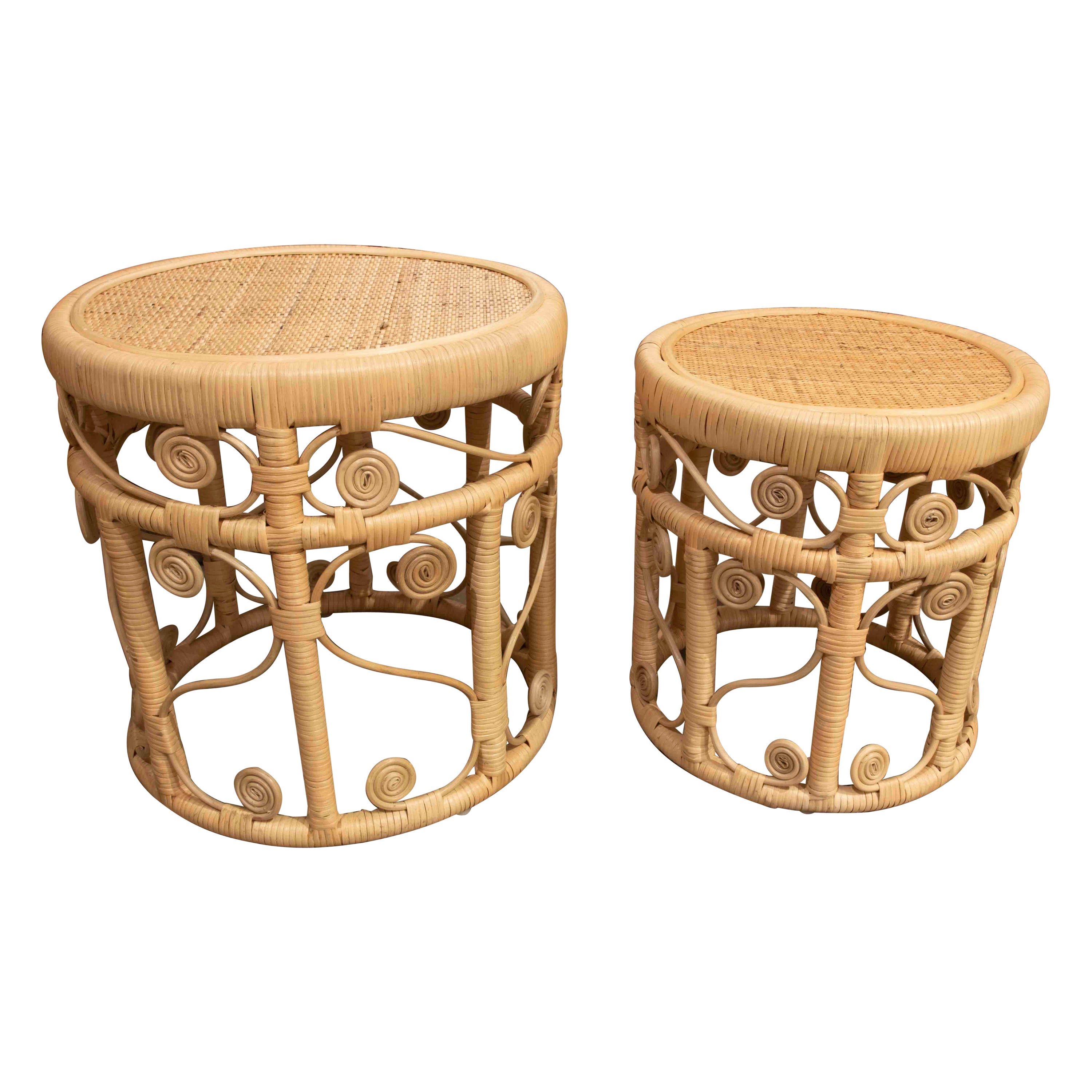 Pair of Handmade Rattan and Wicker Round Benches For Sale