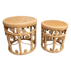 Pair of Handmade Rattan and Wicker Round Benches