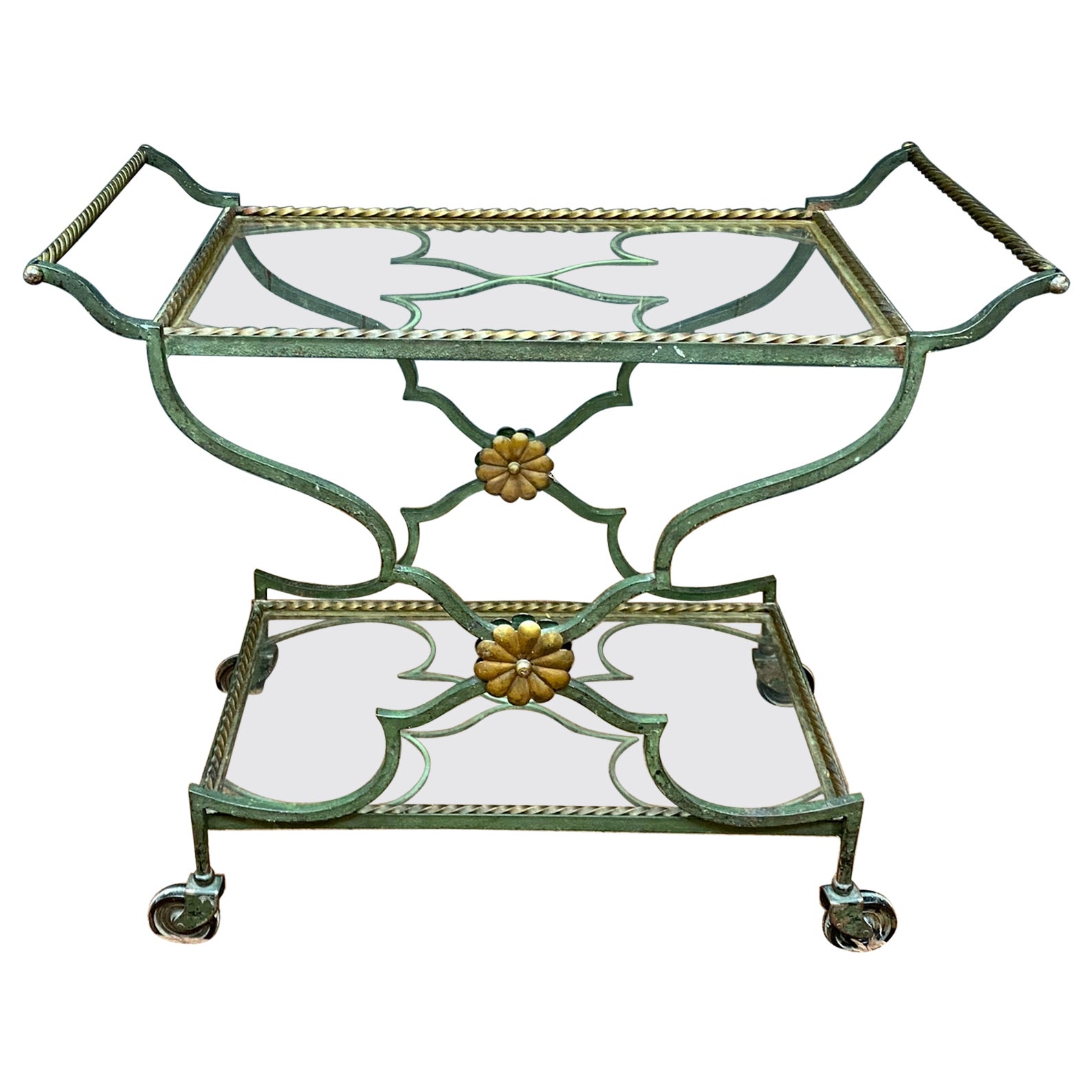 trolley, or art deco bar cart in green and gold patinated metal, circa 1930 For Sale