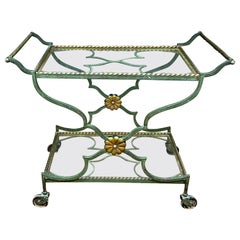trolley, or art deco bar cart in green and gold patinated metal, circa 1930