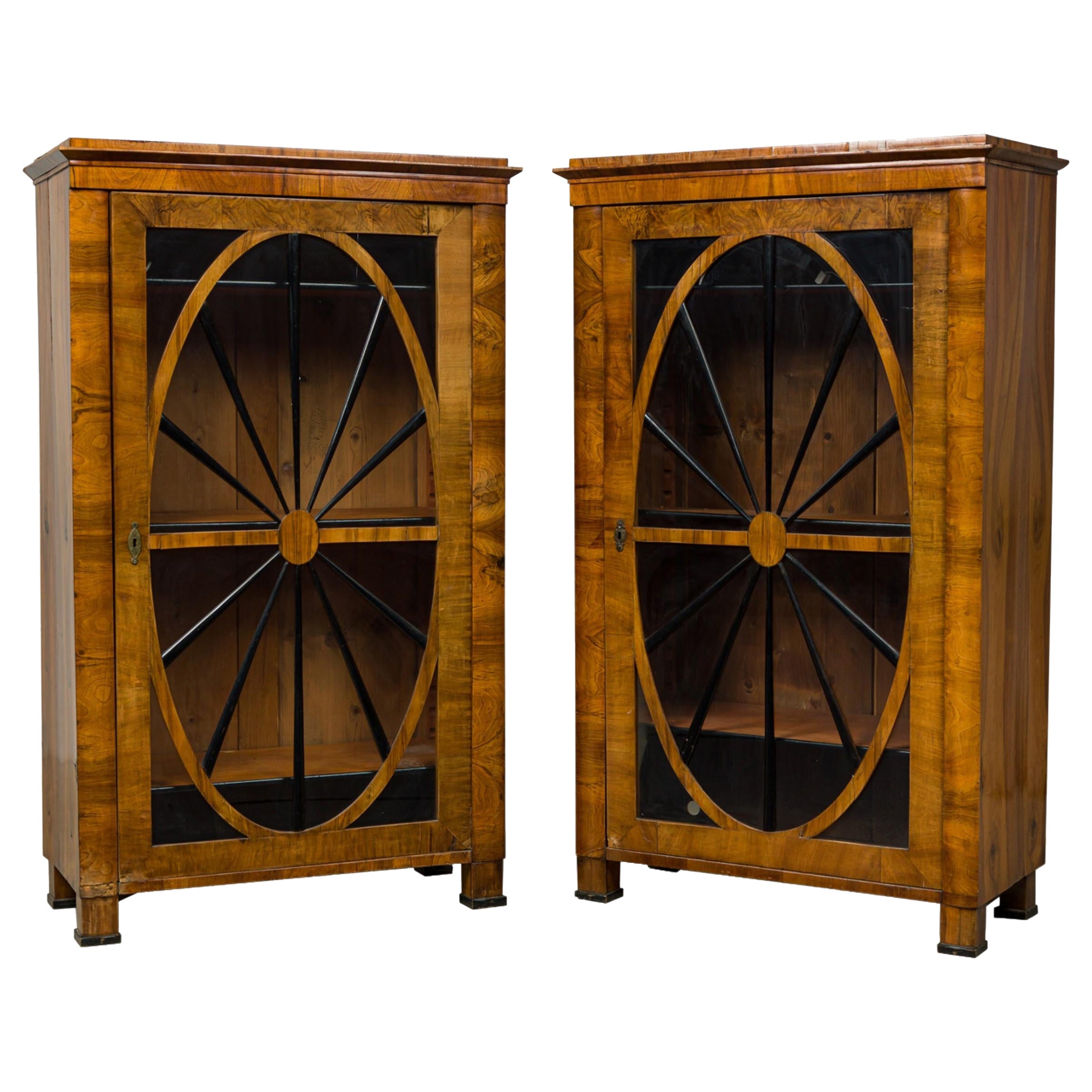 Pair of Biedermeier walnut and Ebonized Wood Glass Door Book Cabinets For Sale