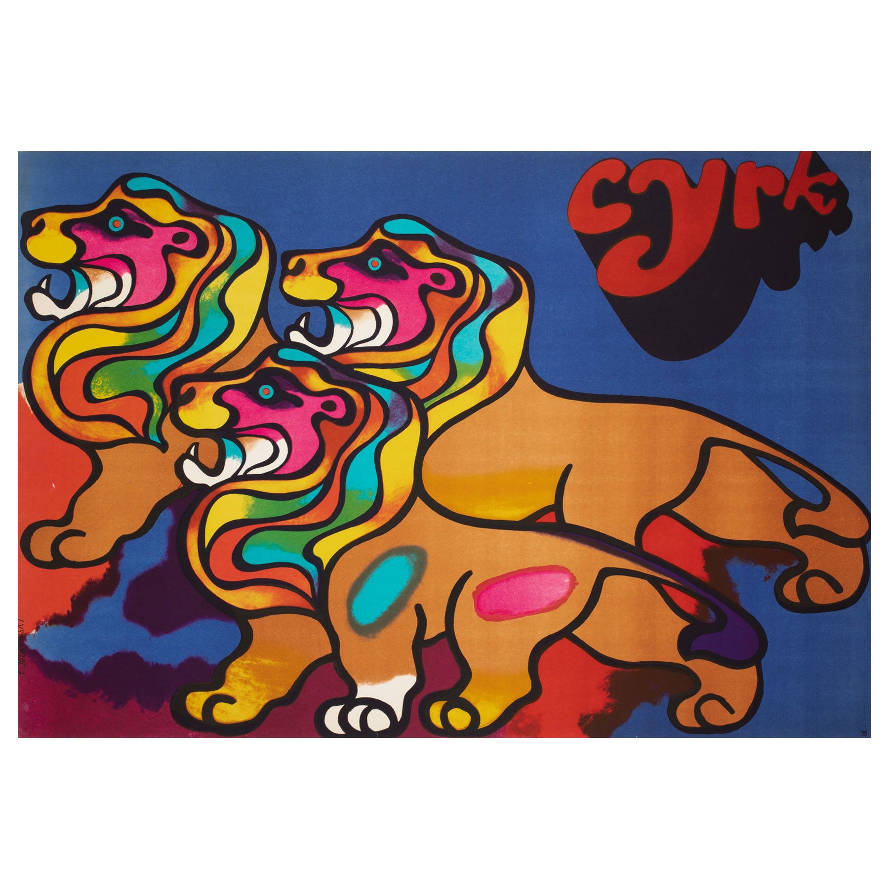 Cyrk Polish Circus Poster 3 Lions 1970, Jodlowski For Sale