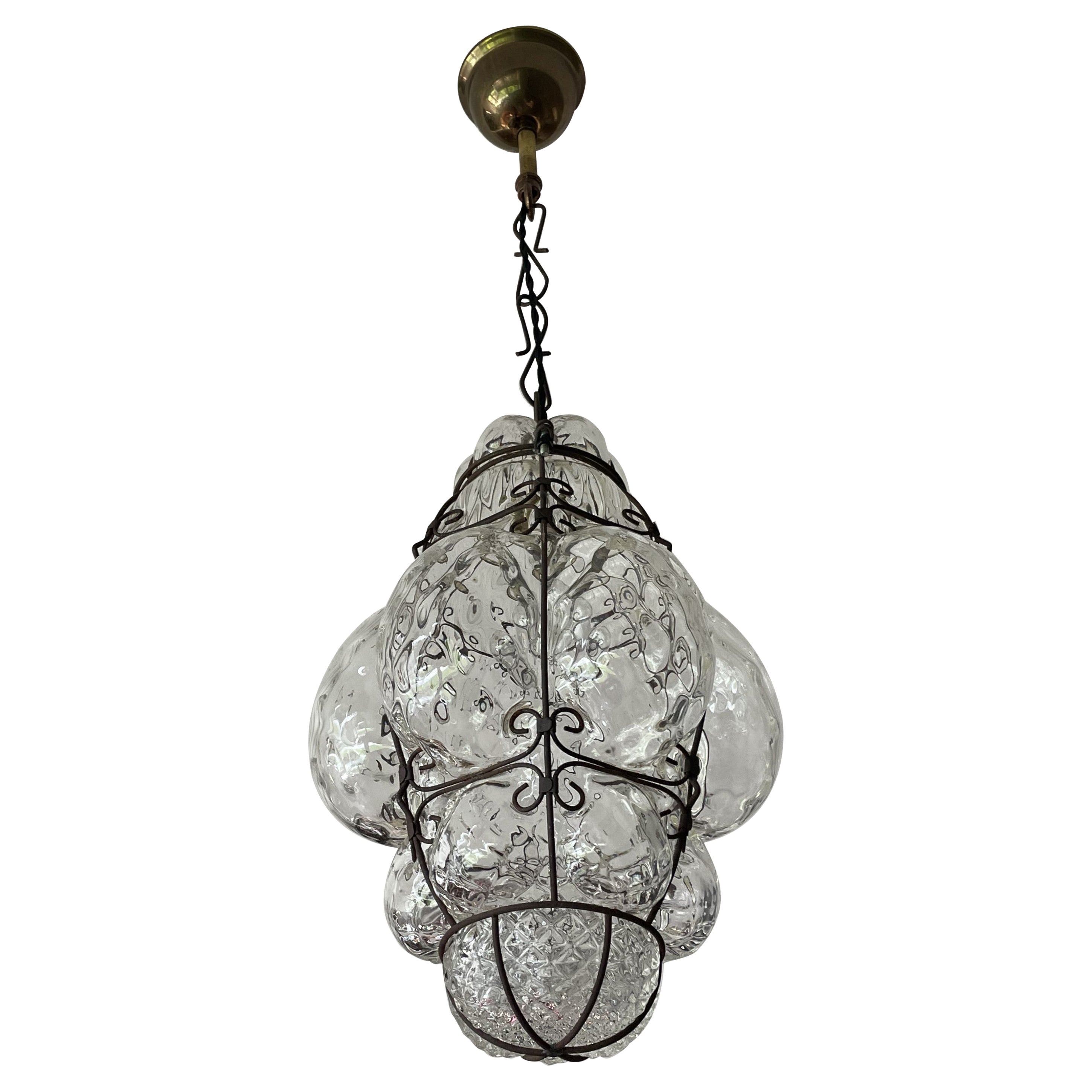 Lampe à suspension viennoise vintage en verre transparent soufflé à la bouche avec motif de diamants, 1950
