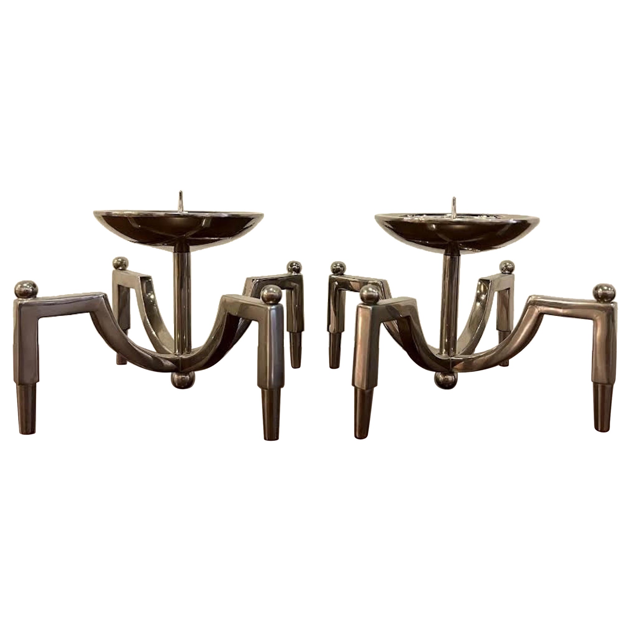 Pair of Contemporary Nickel Candle Holders For Sale
