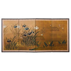 Vintage Japanese Showa Four Panel Screen Iris Water Landscape