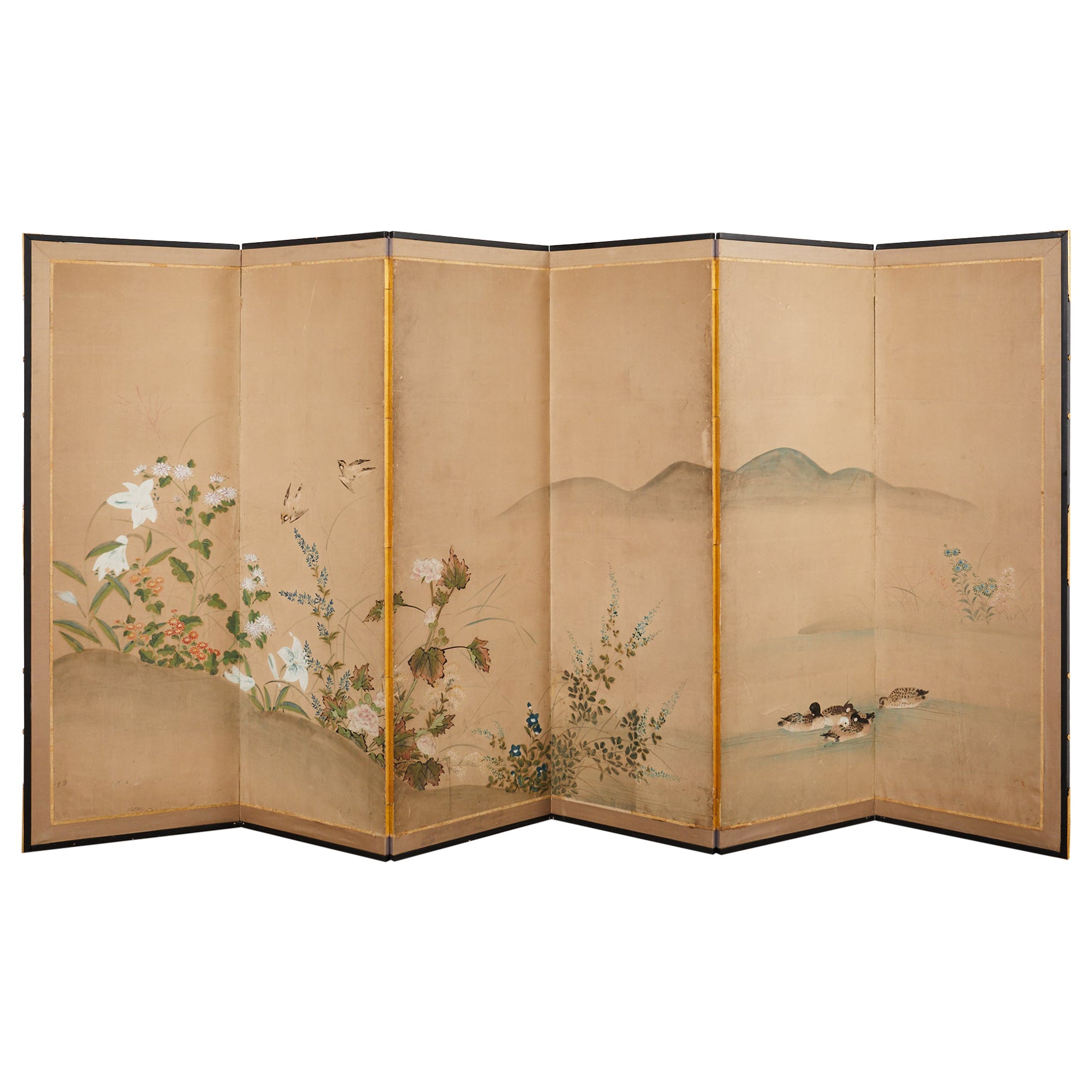 Japanische Showa-Raumteiler mit sechs Tafeln, Herbstkäfer und Singvögel