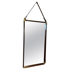 20th century Teak, leather and Brass Wall Mirror, 1960s