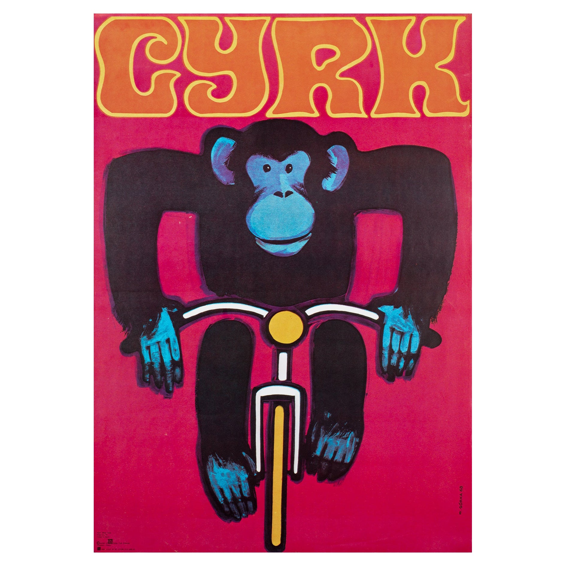 Affiche d'origine de cirque polonais des années 1980, Cyrk Chimpanzee Cyclist, Gorka, Rouge