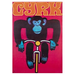 Cyrk Chimpanzee Cyclist 1980sOriginal Retro Polish Circus Poster, Gorka, Red