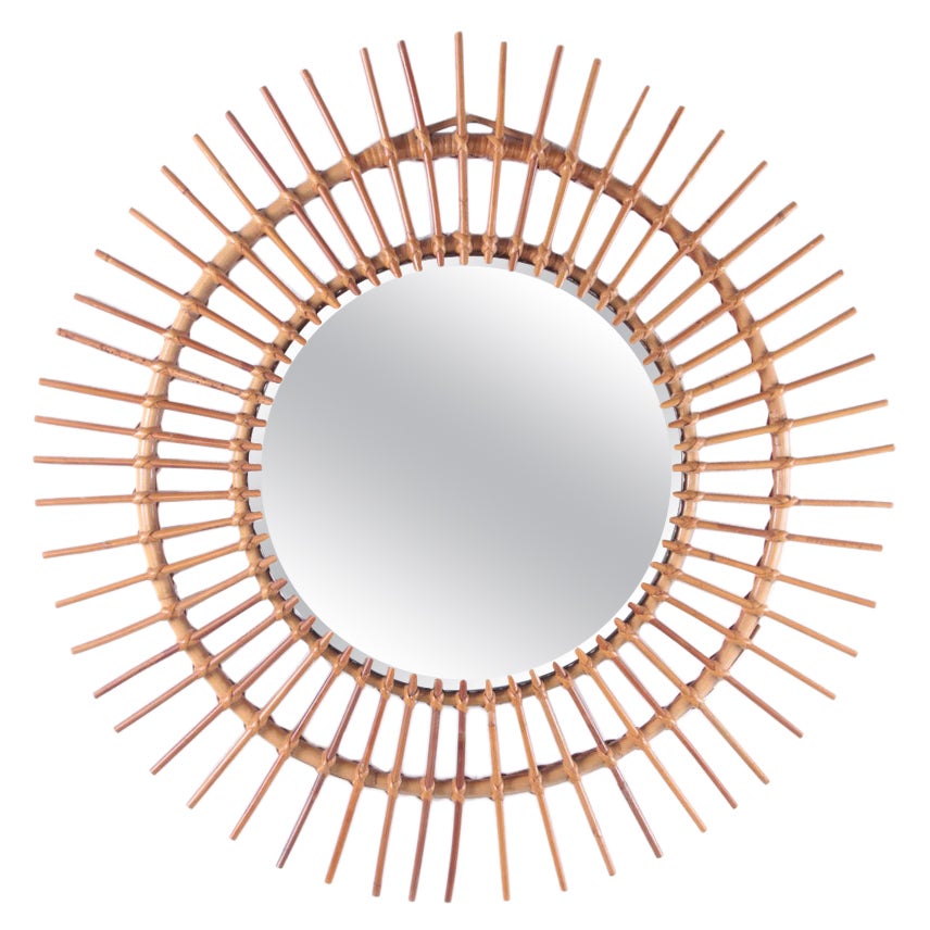 French Round Rattan Mirror Bohemian Style For Sale