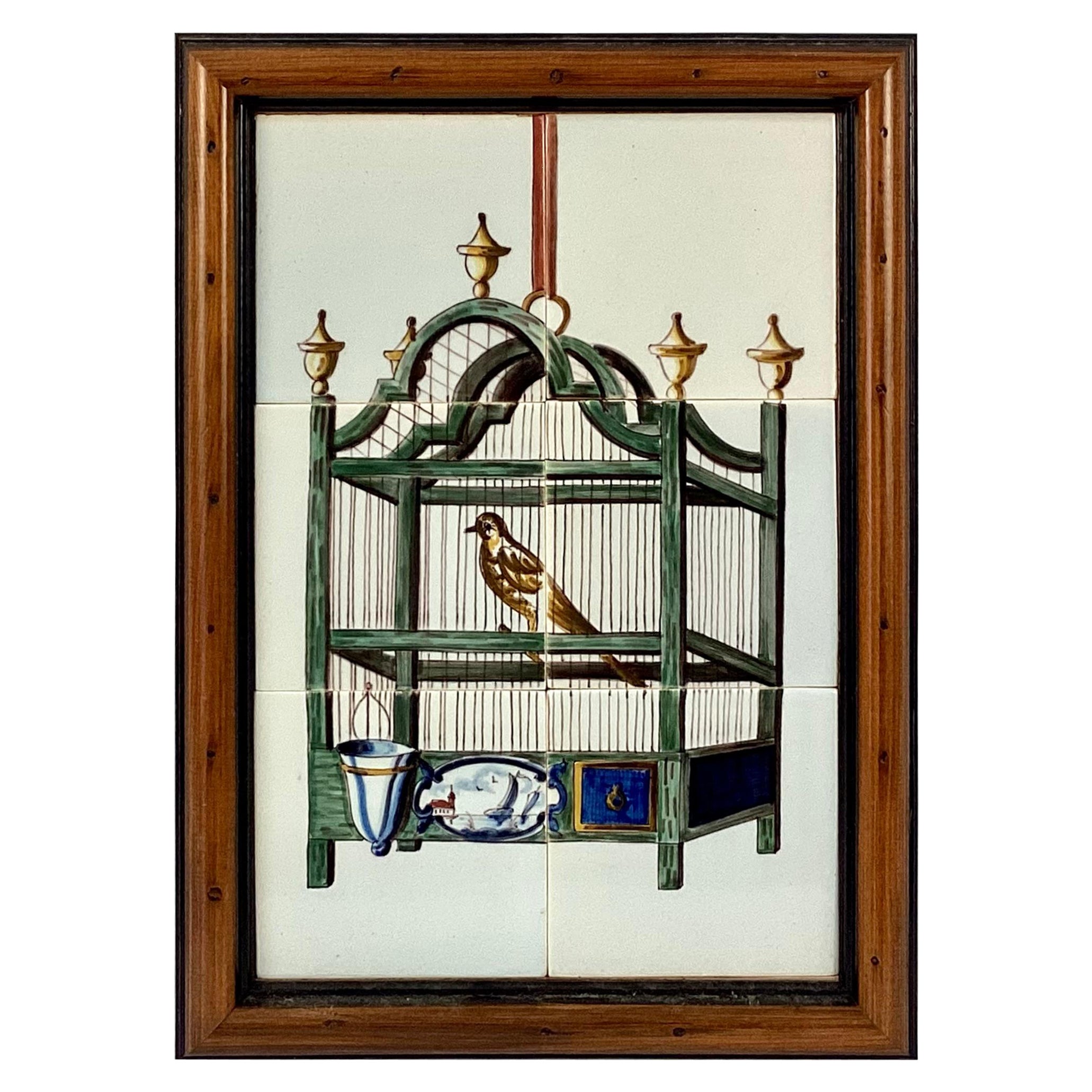 Delft Bird In Cage Tile Mural, Framed For Sale