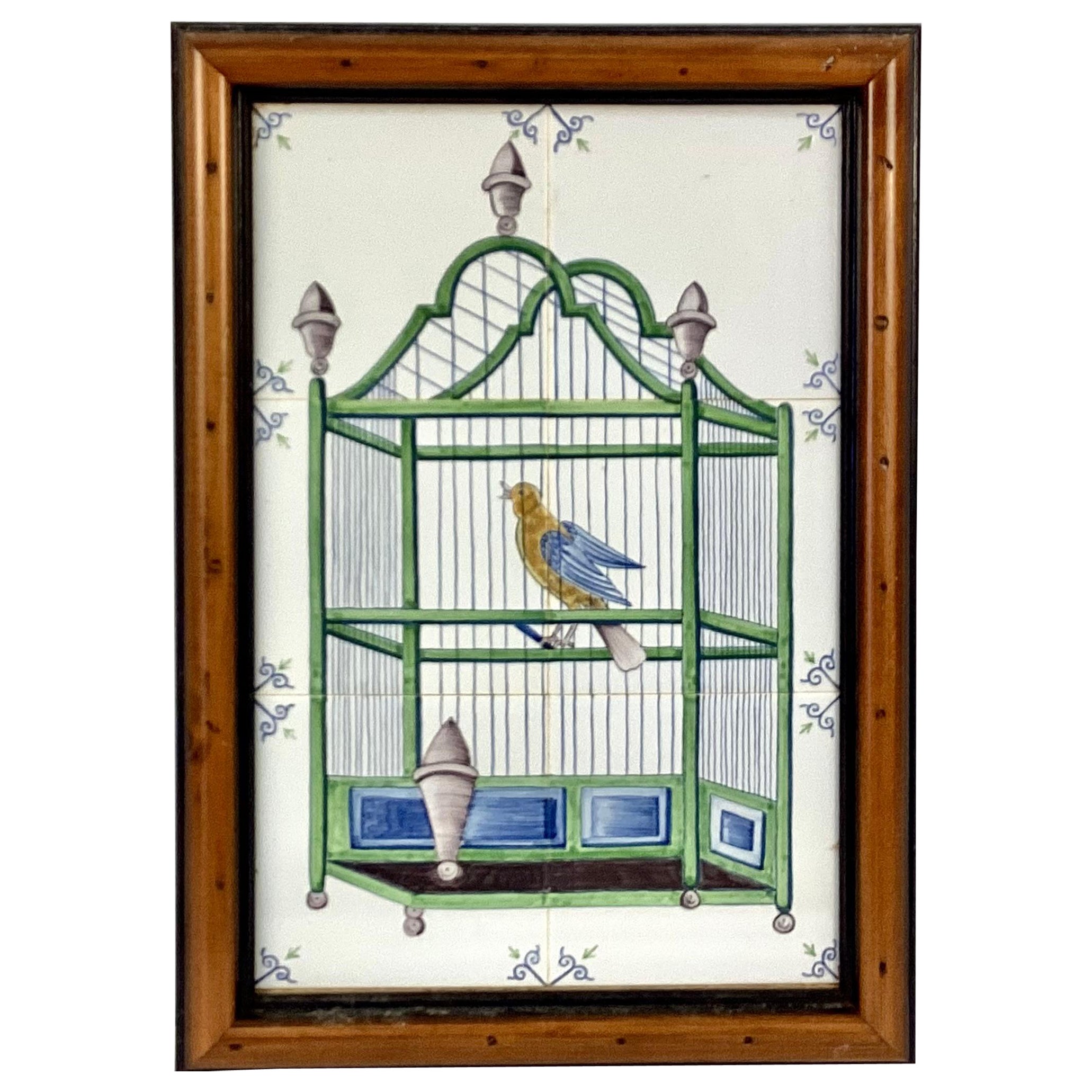 Delft Bird In Cage Tile Mural, Framed For Sale