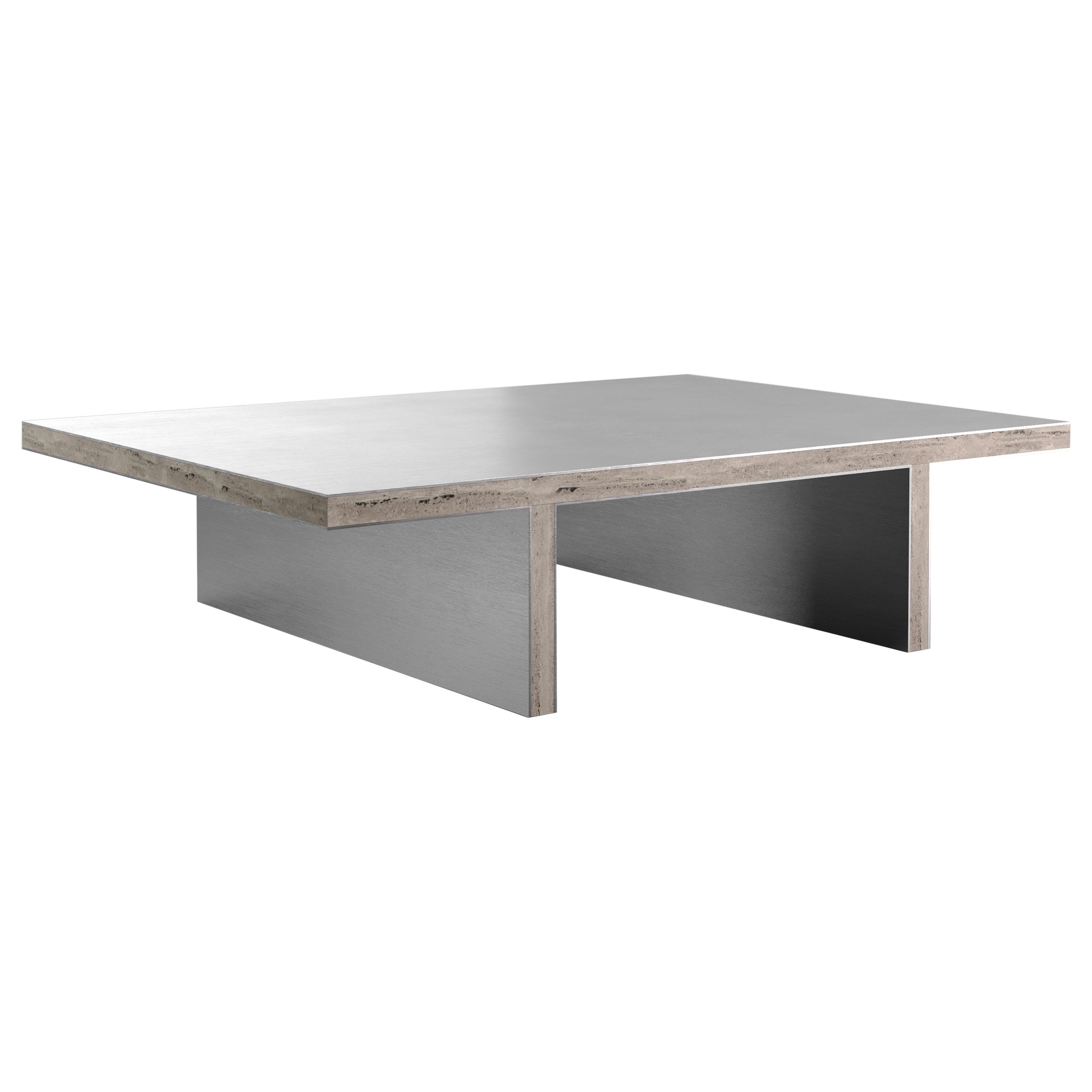 Table basse contemporaine Arris en acier et travertin en vente