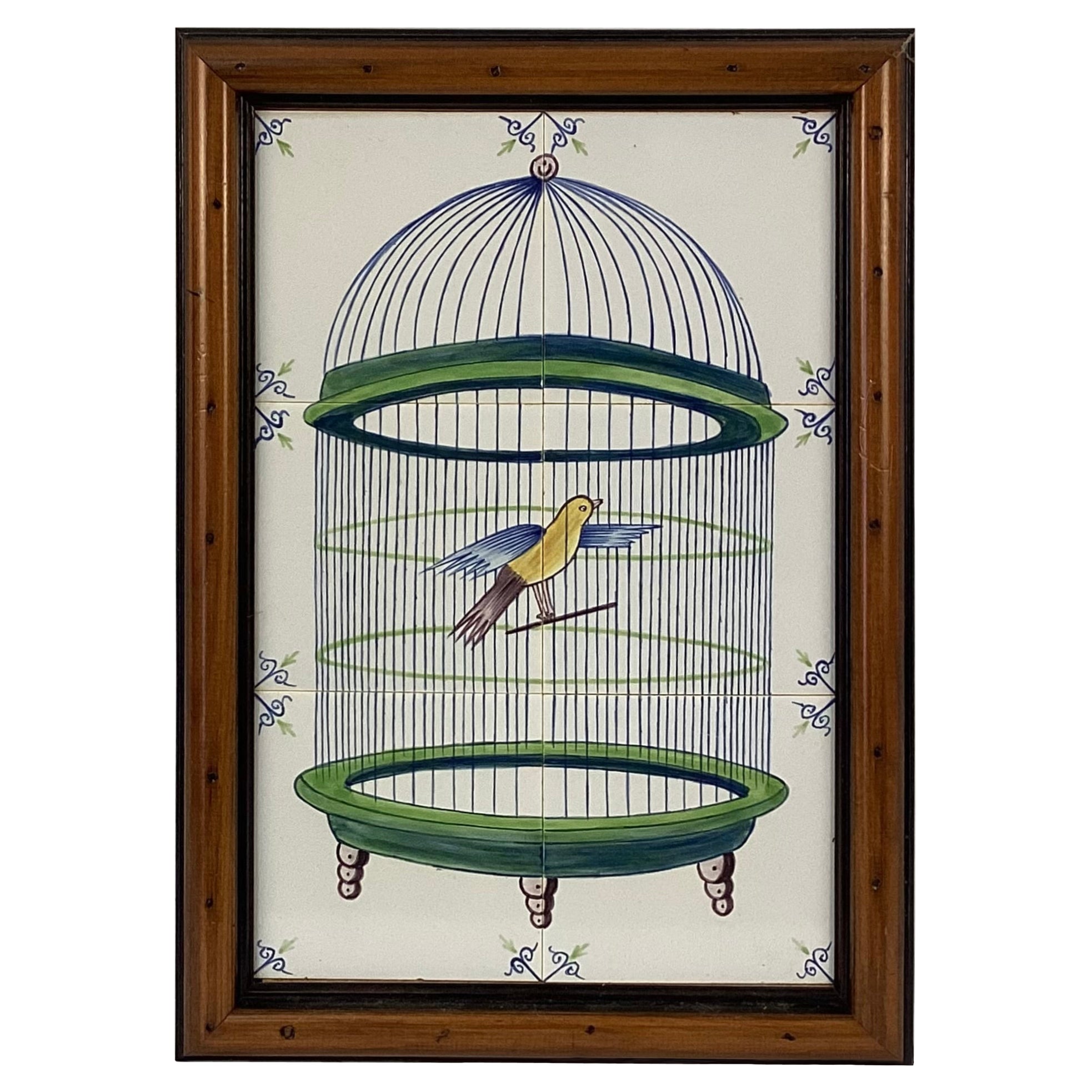 Delft Vogel in Käfig Fliesen Wandbild, gerahmt