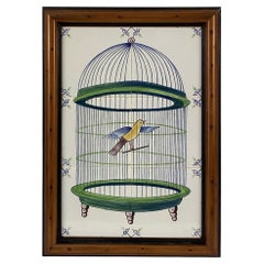 Delft Bird In Cage Tile Mural, Framed