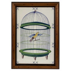 Antique Delft Bird In Cage Tile Mural, Framed