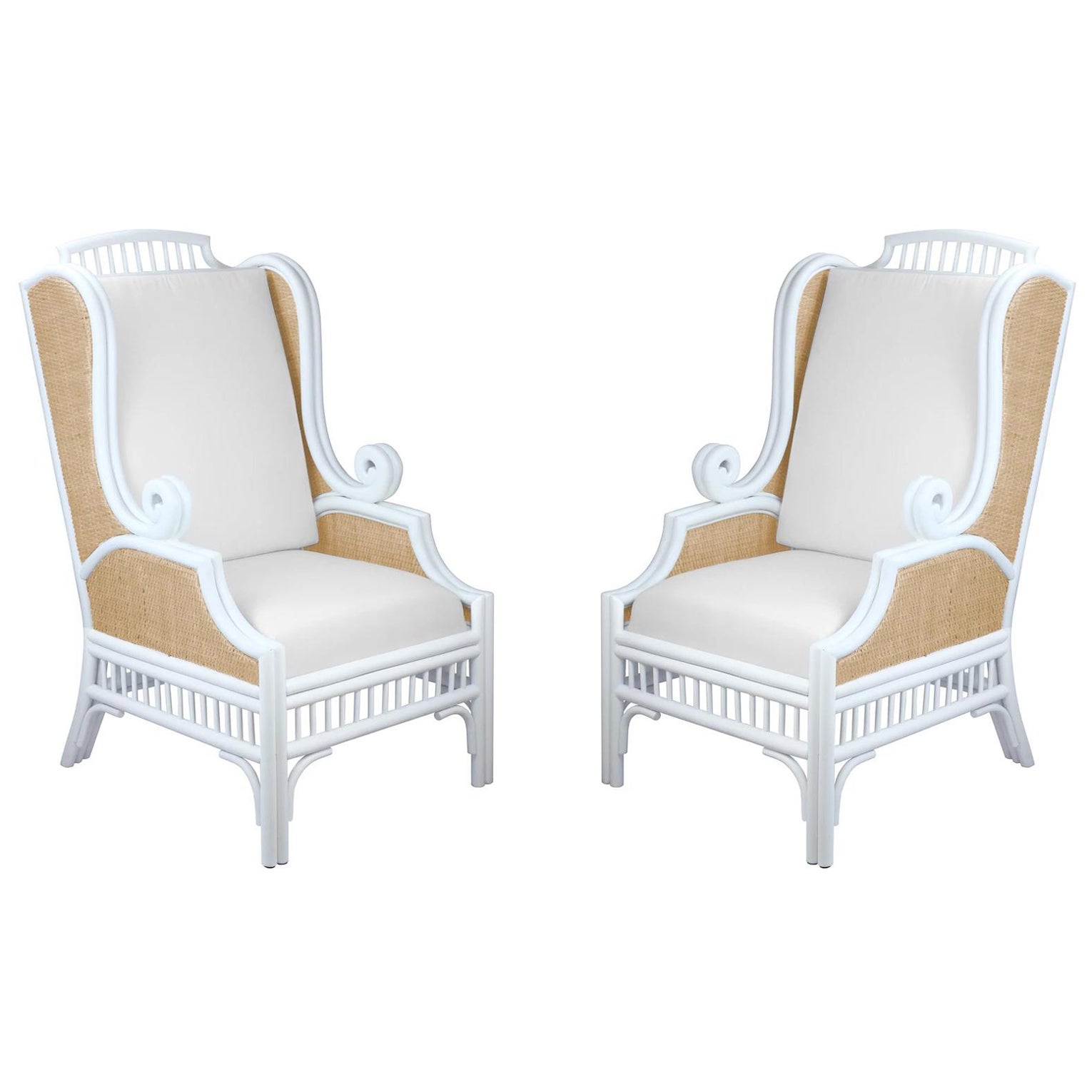 Pair of White Lacquered Rattan Armchairs Lined on the Sides with Cushions For Sale