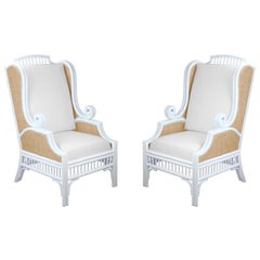 Pair of White Lacquered Rattan Armchairs Lined on the Sides with Cushions