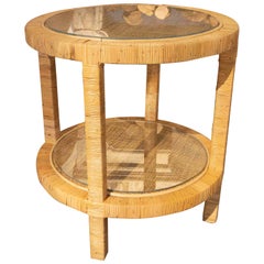 Round Side Table with Wooden Frame and Rattan Top with Glass Top