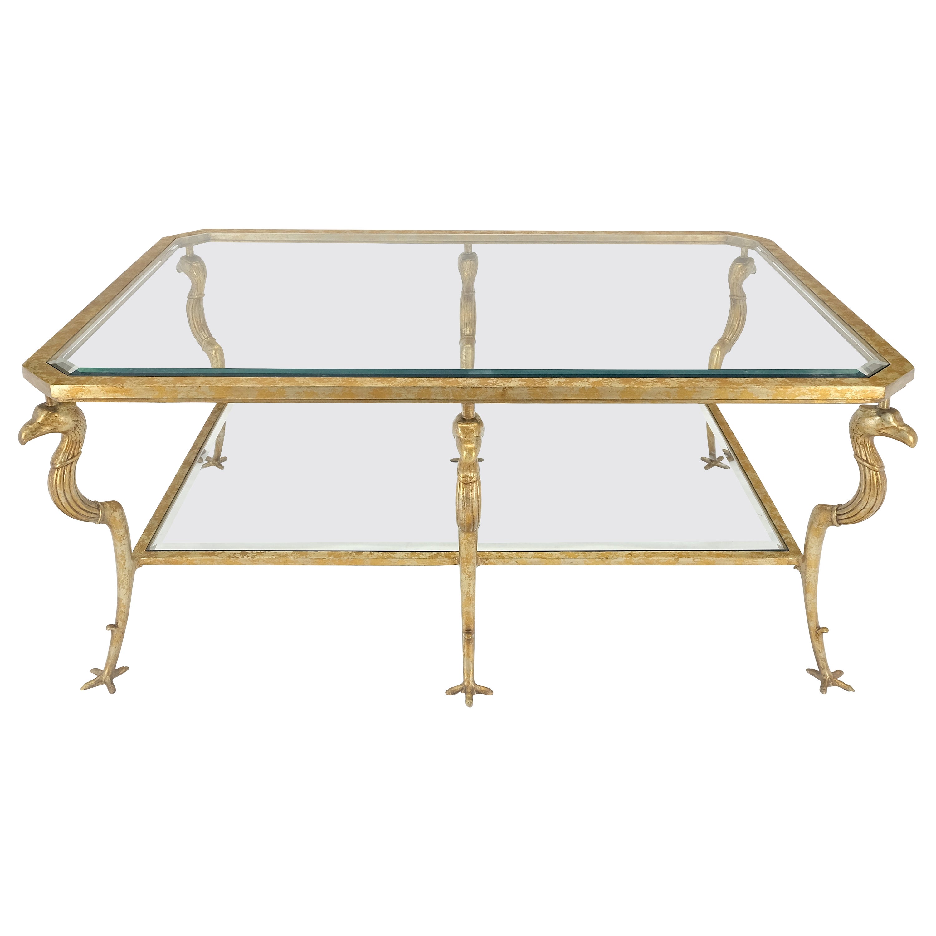 Table basse rectangulaire à deux niveaux avec plateau en métal argenté et doré et motif aigle et griffes 