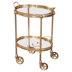 Retro Mid-Century French Polished Brass Two-Tier Service Bar Cart on Wheels