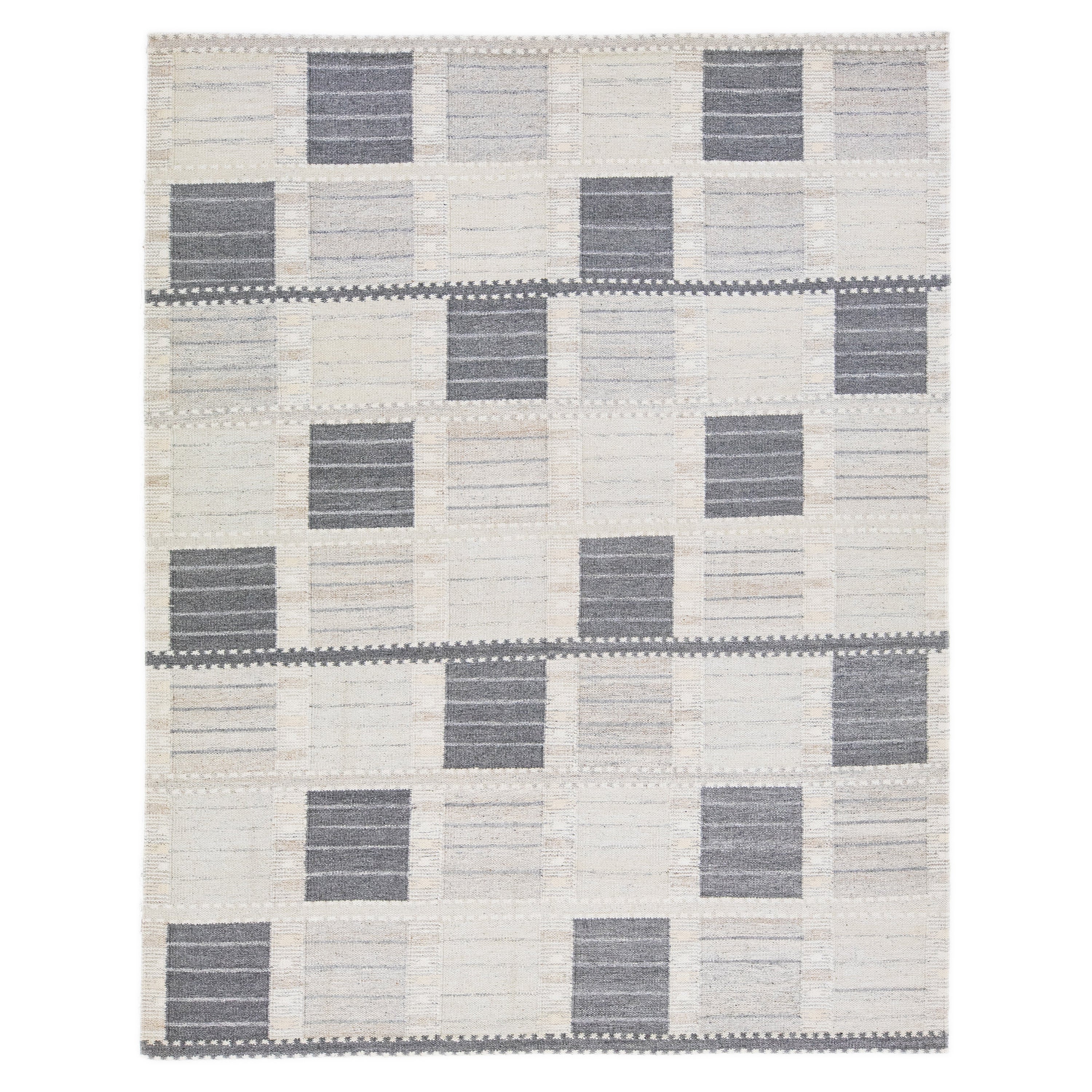 Grauer, moderner, skandinavischer Wollteppich, handgefertigt mit geometrischem Muster