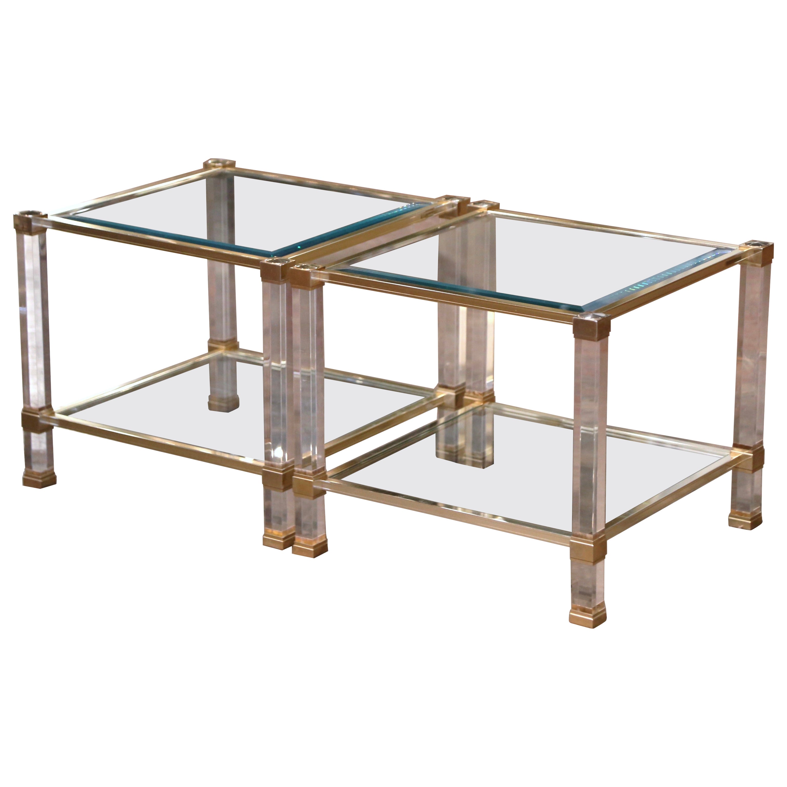 Pair of Midcentury French Lucite and Gilt Metal Side Tables by Pierre Vandel For Sale