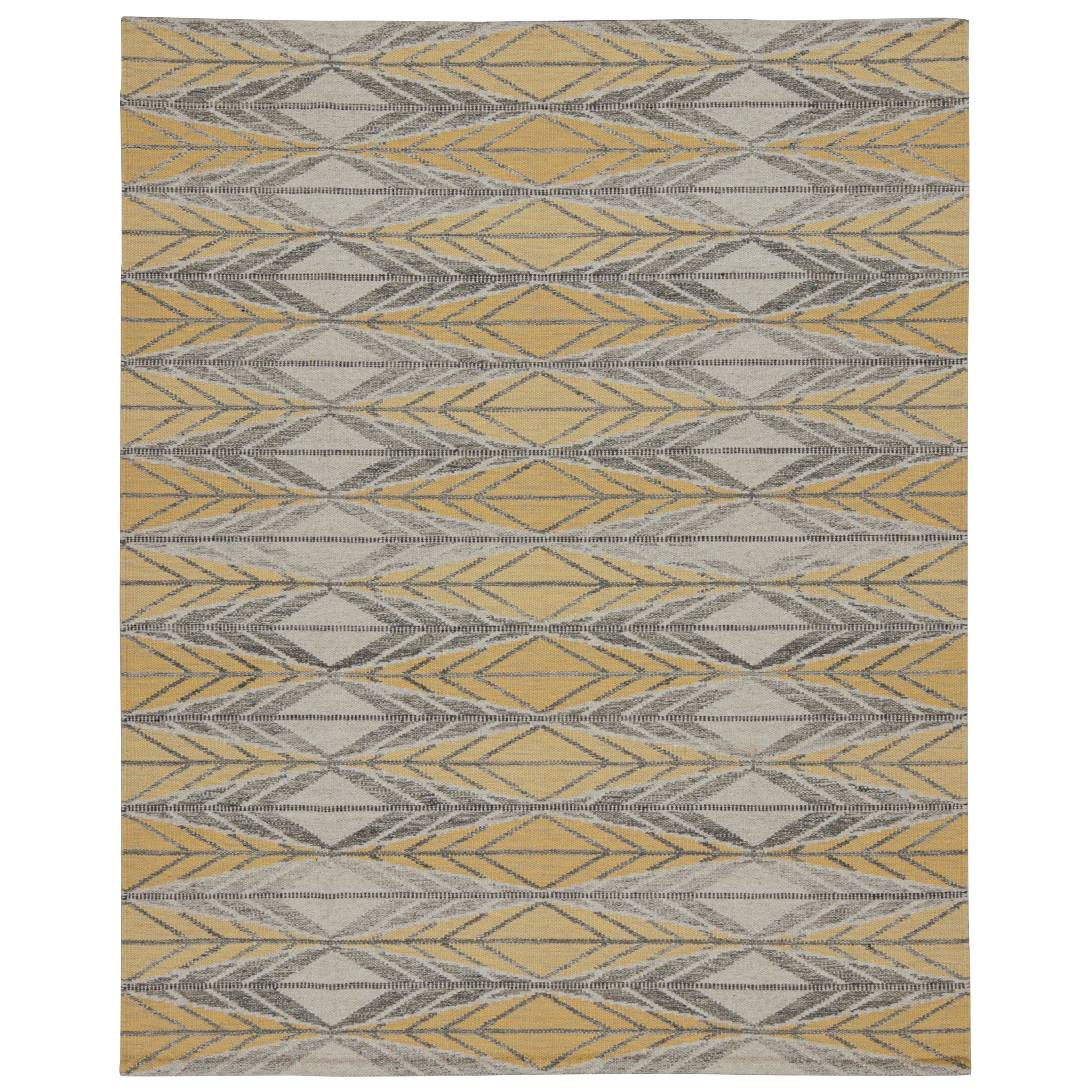 Rug & Kilim’s Scandinavian Style Custom Kilim in Gold & Gray Geometric Patterns