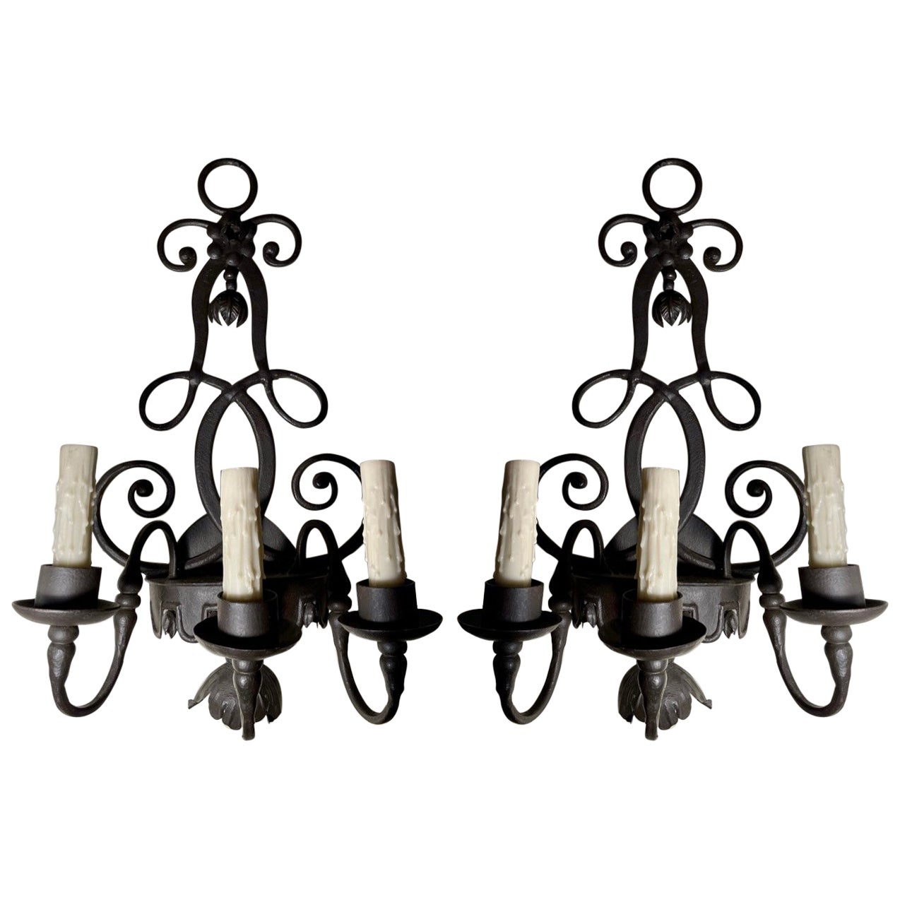 Pair of Dutch Wrough Iron Wall Sconces For Sale