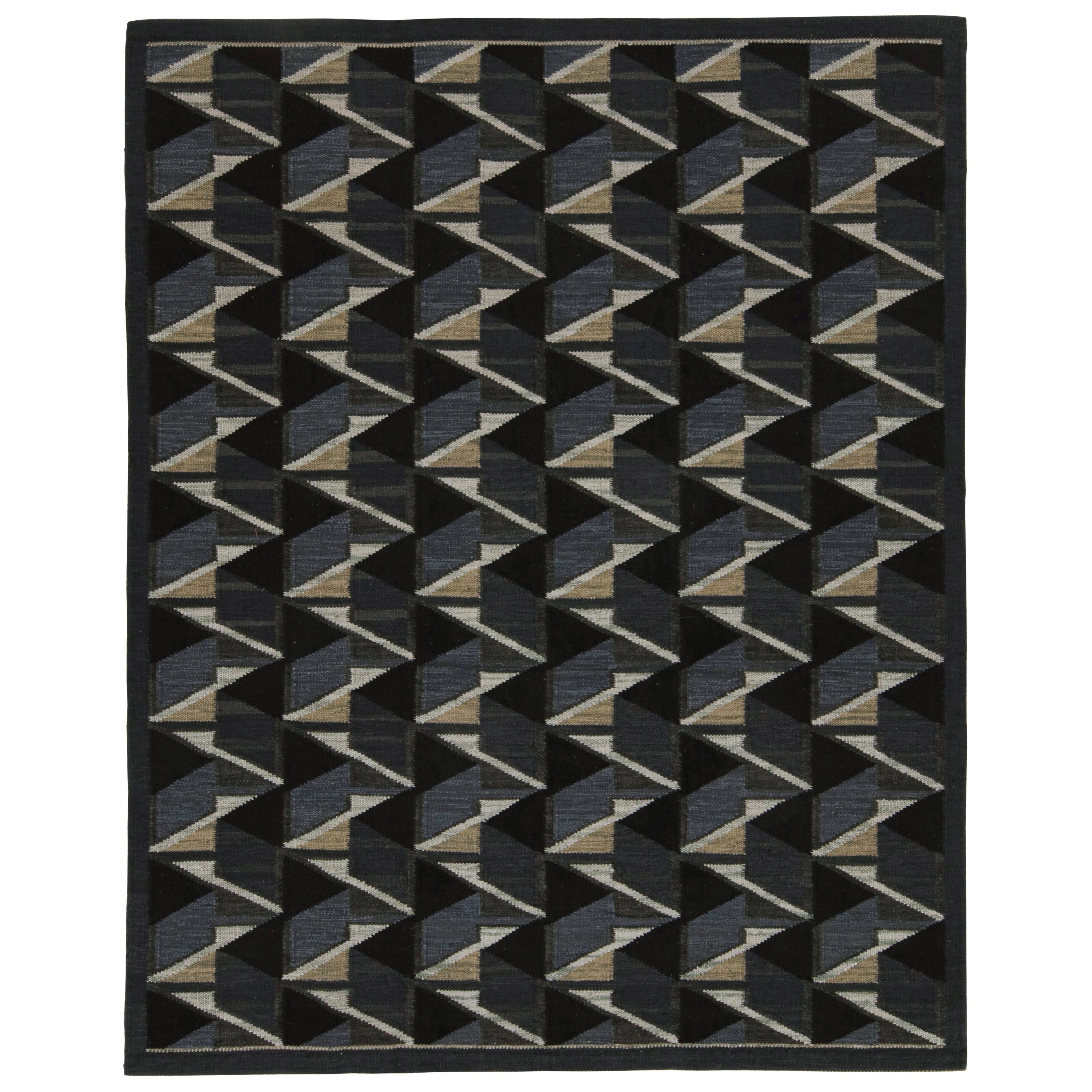 Rug & Kilim’s Scandinavian Style Kilim in Black and Dark Blue Geometric Patterns For Sale
