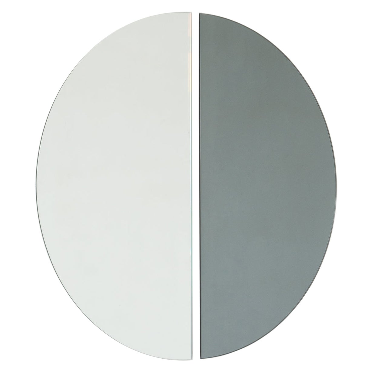 Set of 2 Luna Half-Moon Silver + Black Minimalist Round Frameless Mirrors, Large For Sale