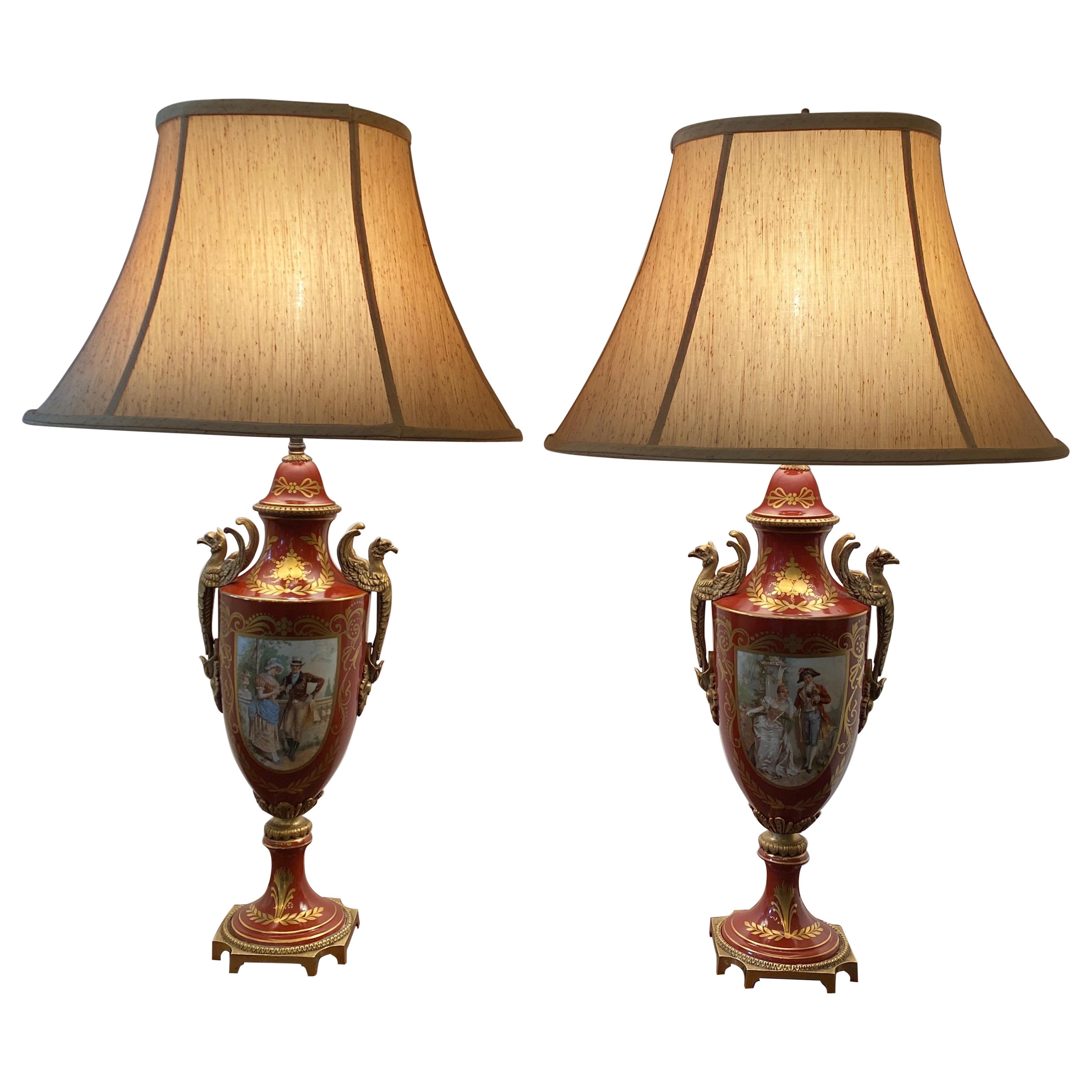 A Pair of French Porcelain Gilt Bronze Mounted Urn Lamps