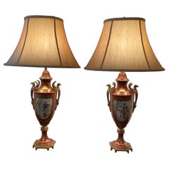A Pair of French Porcelain Gilt Bronze Mounted Urn Lamps