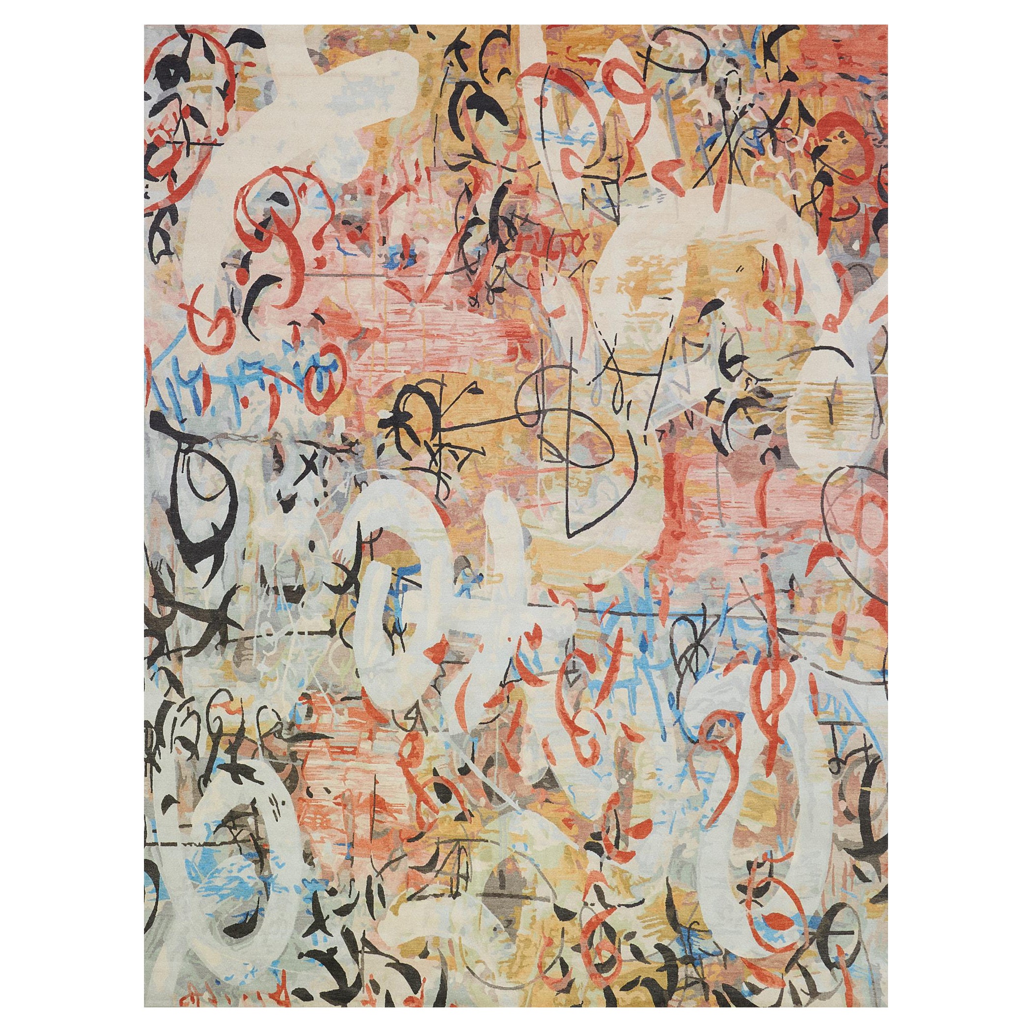 Contemporary Hand-Knotted Mansour Modern Abstract Wool and Silk Rug im Angebot