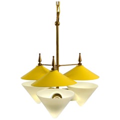 Three Arm Chandelier Yellow Metal, Opaline Glass & Brass, 1950's