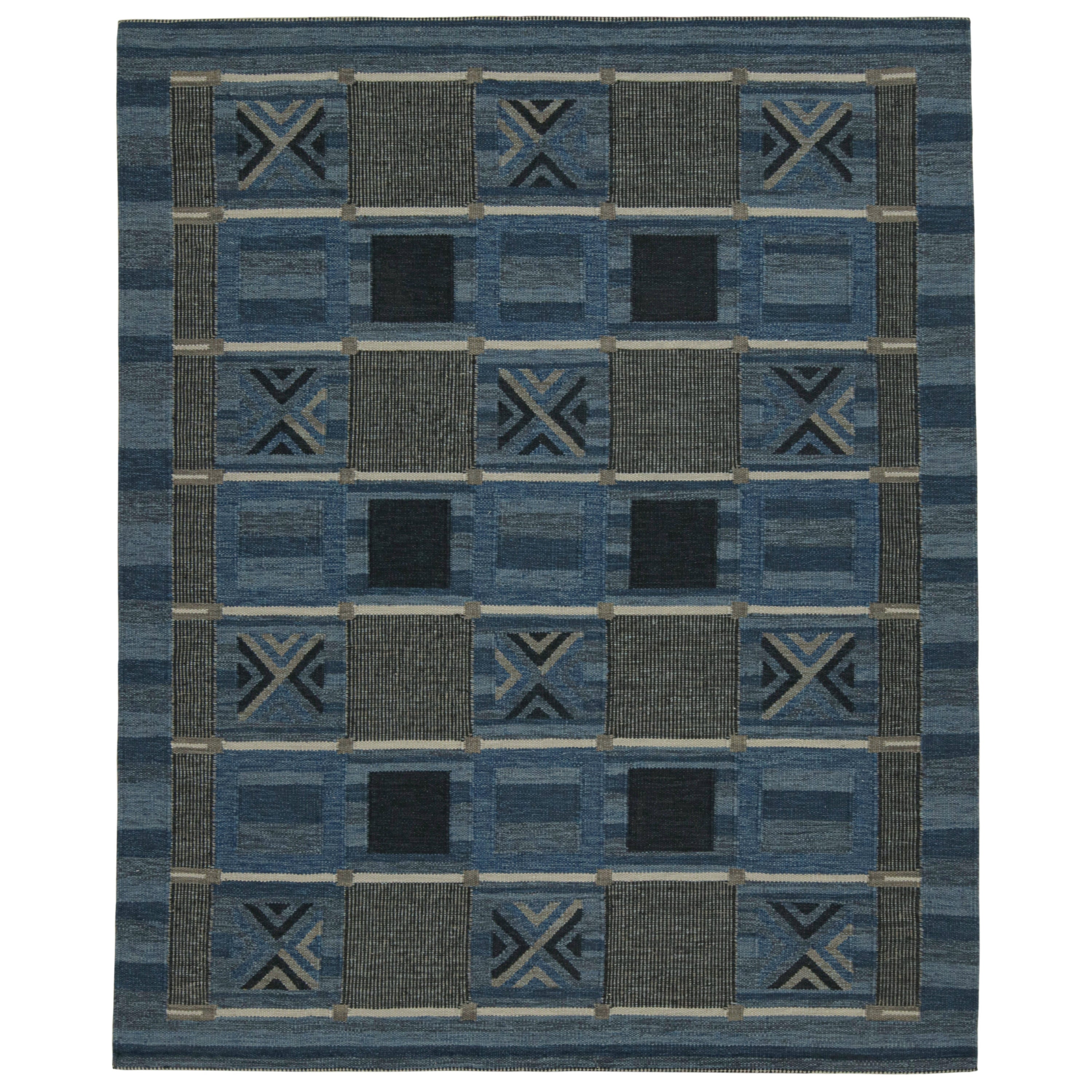 Rug & Kilim’s Scandinavian Style Kilim Rug with Blue and Gray Geometric Patterns For Sale