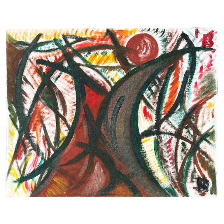Pintura sobre lienzo Paisaje abstracto nativo americano TeePee - Oklahoma Años 70