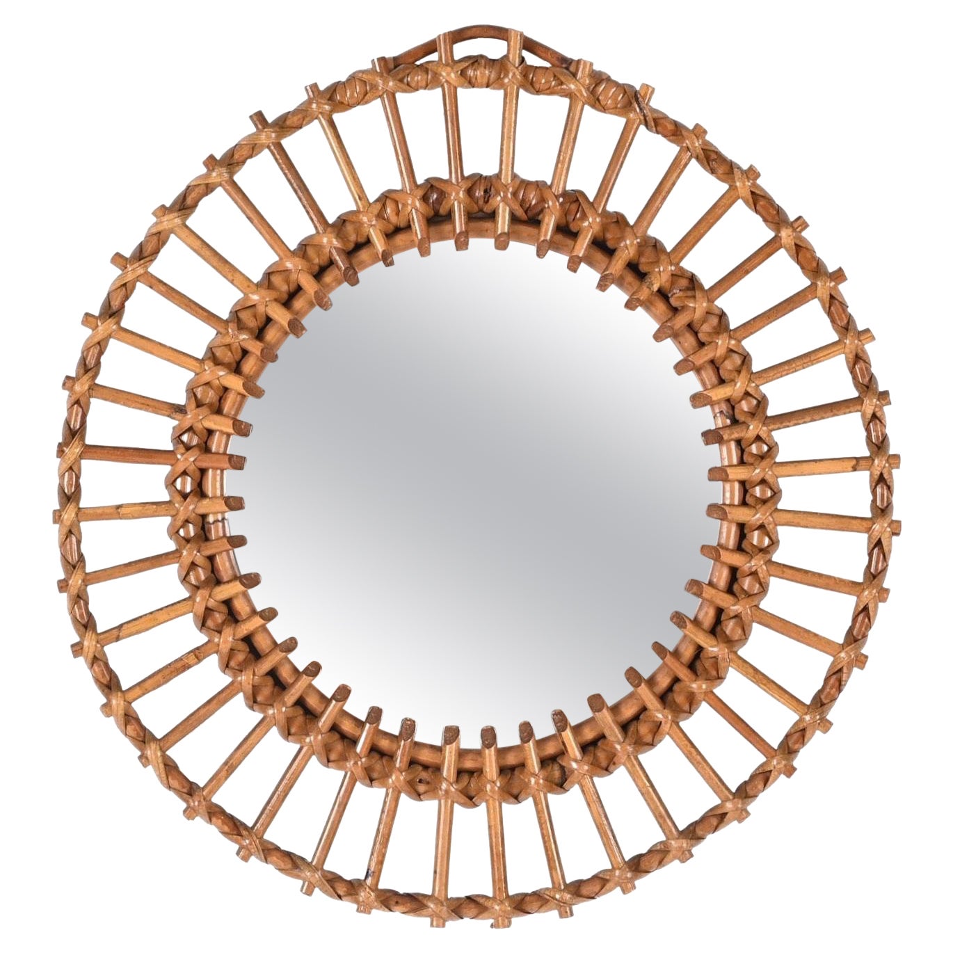 Mid-Century Round Mirror in Rattan and Bamboo, Italy, 1960s For Sale
