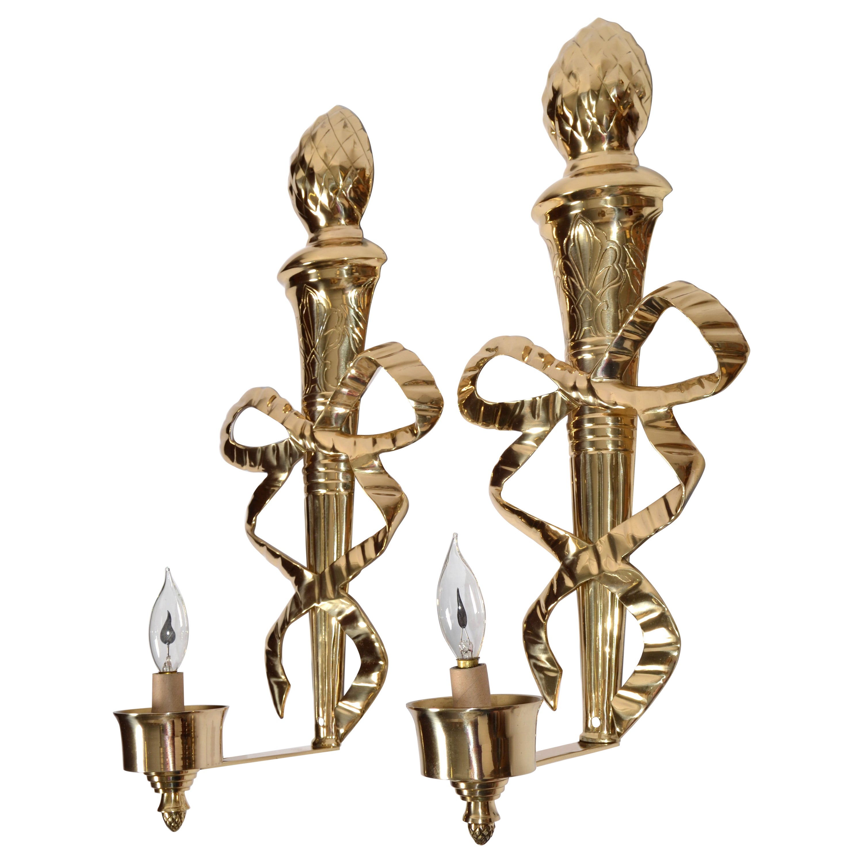 Pair 1960s French Empire Style Ornate Lacquered Brass Bows Pineapple Top Sconces