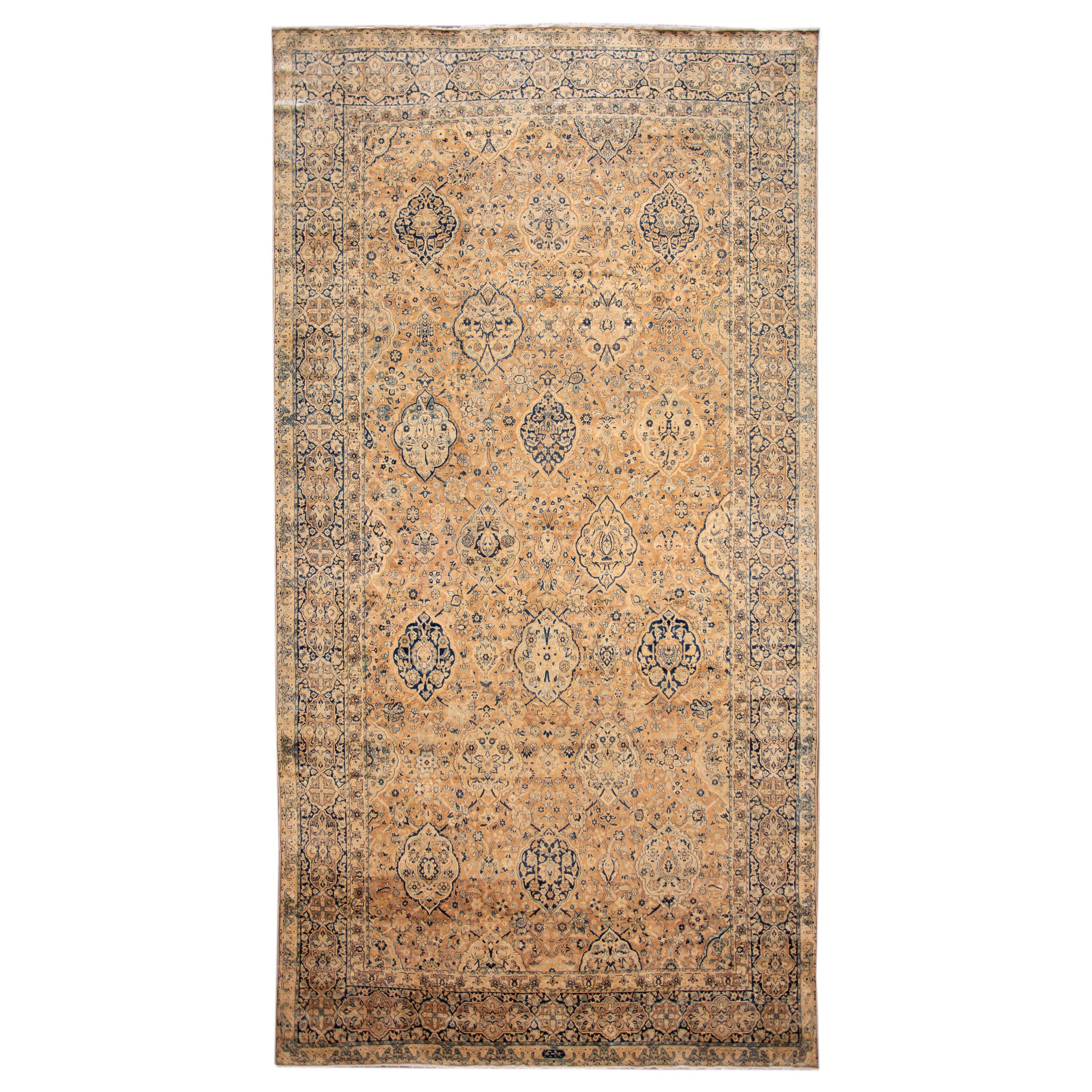 Antique Kerman Persian Wool Rug in Tan with Alluring Rosette Motif For Sale