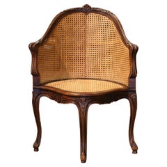 19th Century French Louis XV Carved Walnut and Cane Corner Desk Armchair 