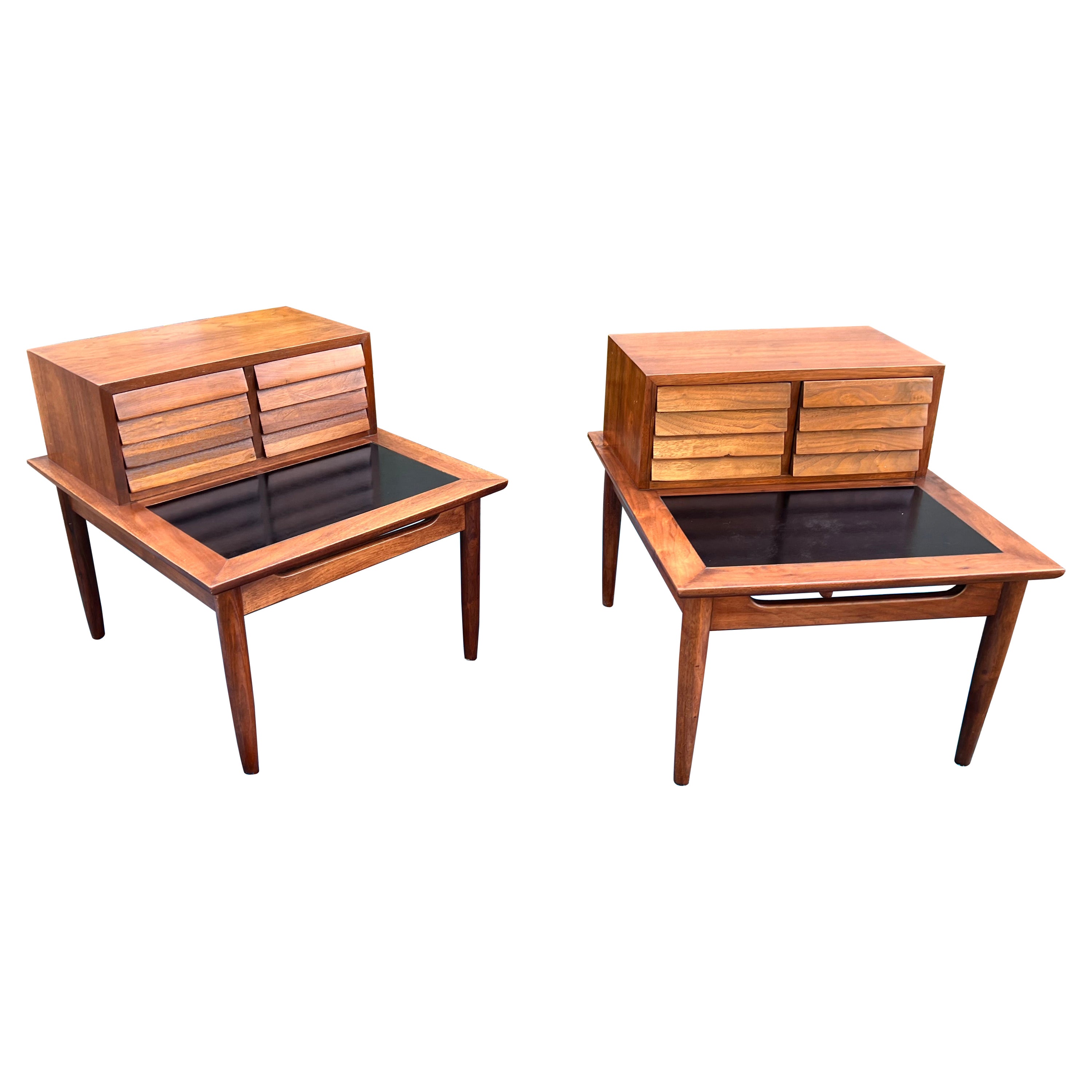 American of Martinsville Dania Walnut Step End Tables by Merton Gershun - a Pair For Sale