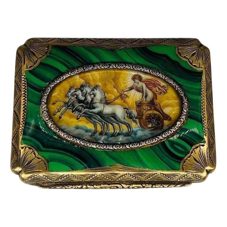 Italian Grand Tour 800 Silver, Enameled Malachite & Painted Roman Scene Box For Sale
