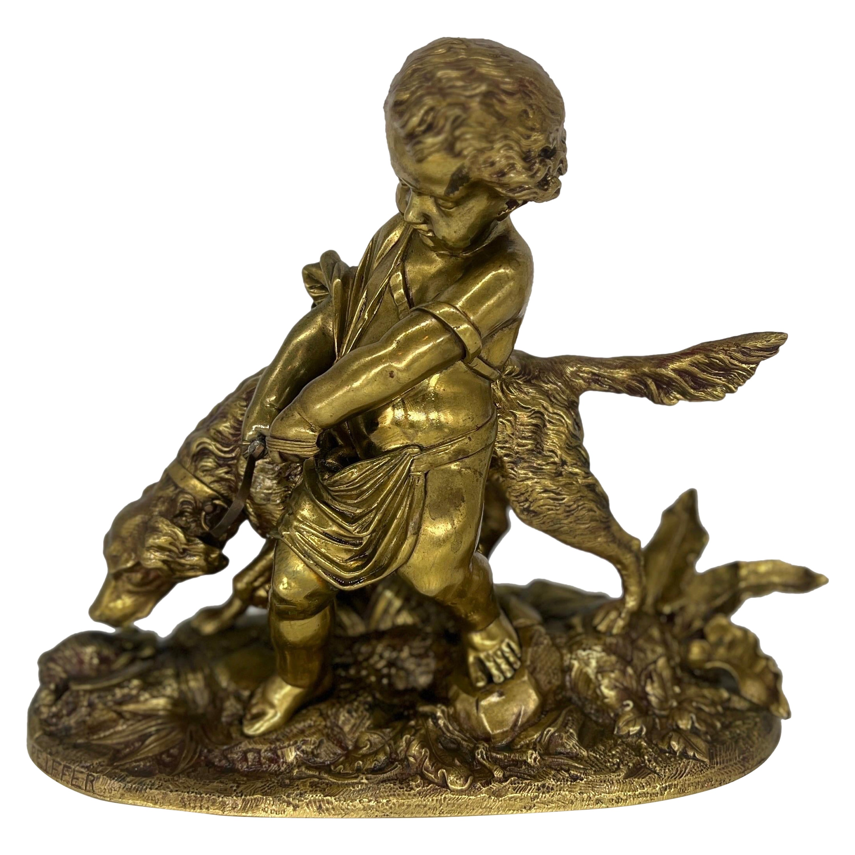 Auguste Joseph Peiffer (French, 1832-1886) "L’enfant et le chien" Gilt Bronze For Sale