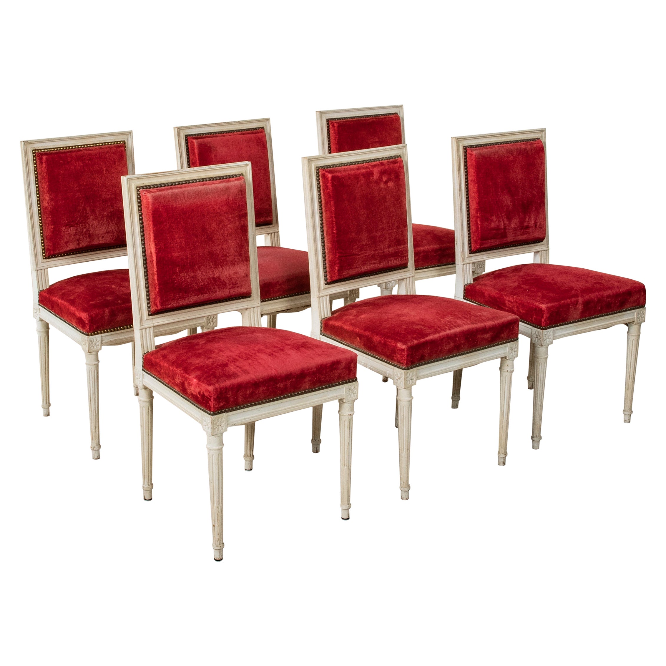 Satz von sechs bemalten französischen Esszimmerstühlen im Louis-XVI.-Stil aus der Mitte des 20. Jahrhunderts im Angebot