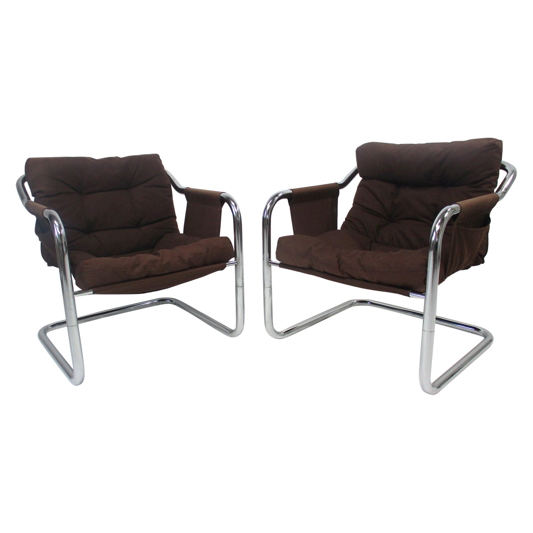 Danish Cantilevered Chrome Sling Lounge Chairs  For Sale