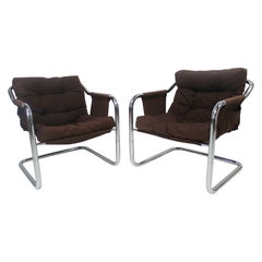 Danish Cantilevered Chrome Sling Lounge Chairs 